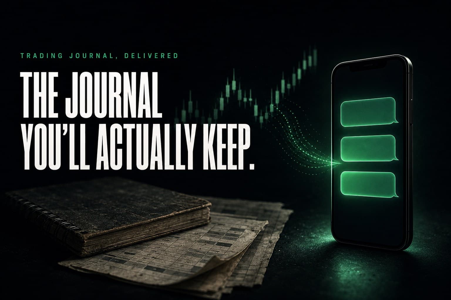 A dusty abandoned trading notebook and faded spreadsheet fading into shadow beside a glowing phone receiving three message bubbles — poster titled The Journal You'll Actually Keep.
