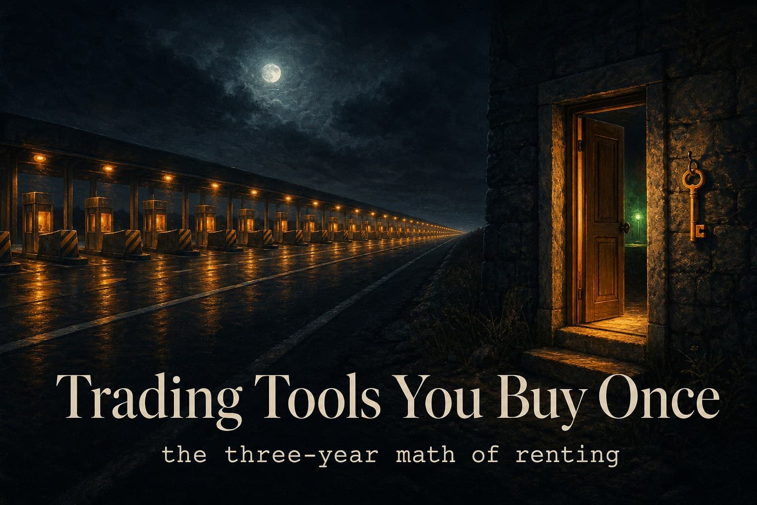 A dark tollbooth road with glowing monthly toll gates stretching to the horizon, beside a single lit doorway with one key hanging on a hook — poster titled Trading Tools You Buy Once.