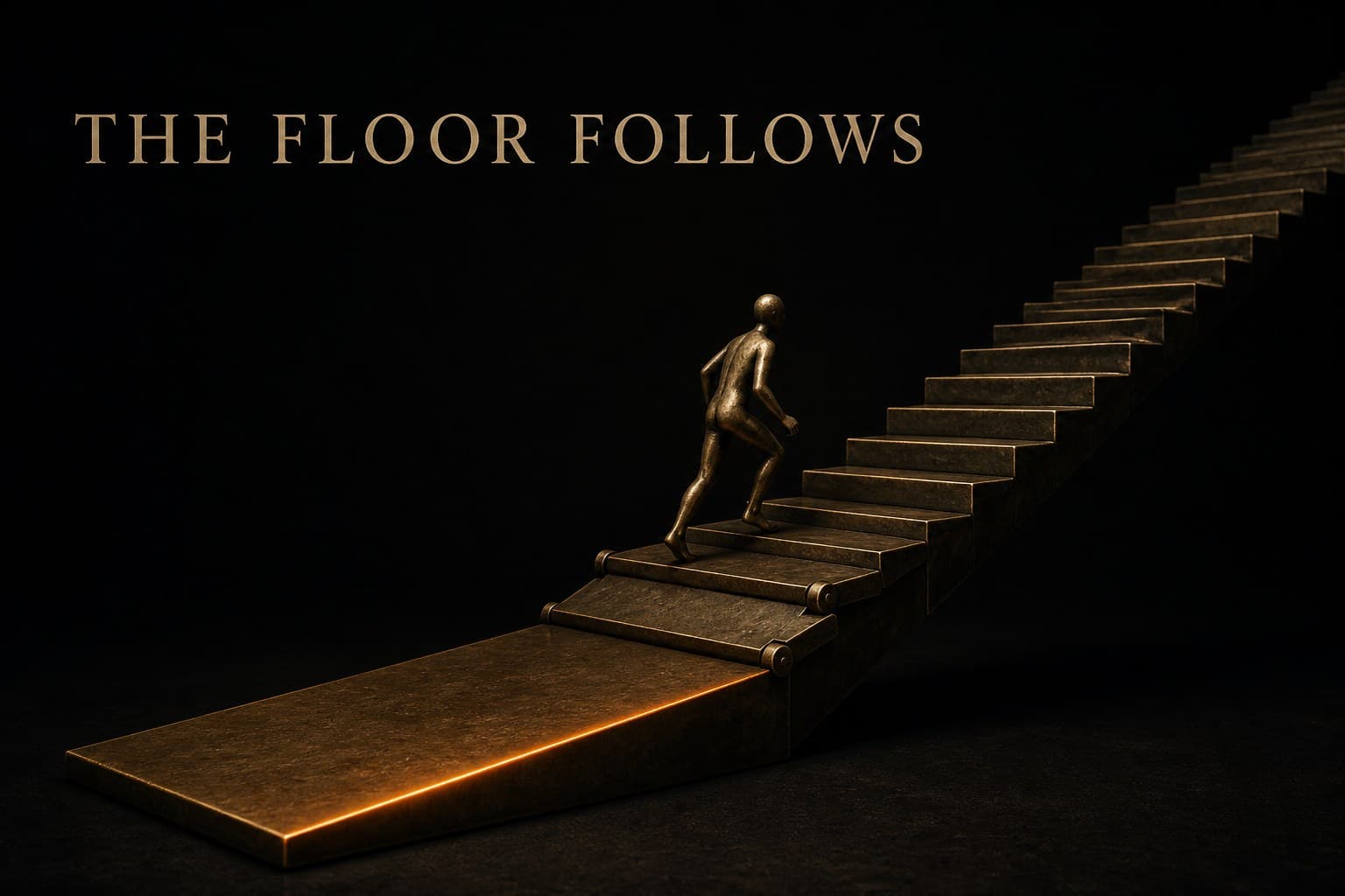 A brass figure climbing a staircase while the stairs behind it fold upward into a rising floor, closing the gap — poster titled The Floor Follows.
