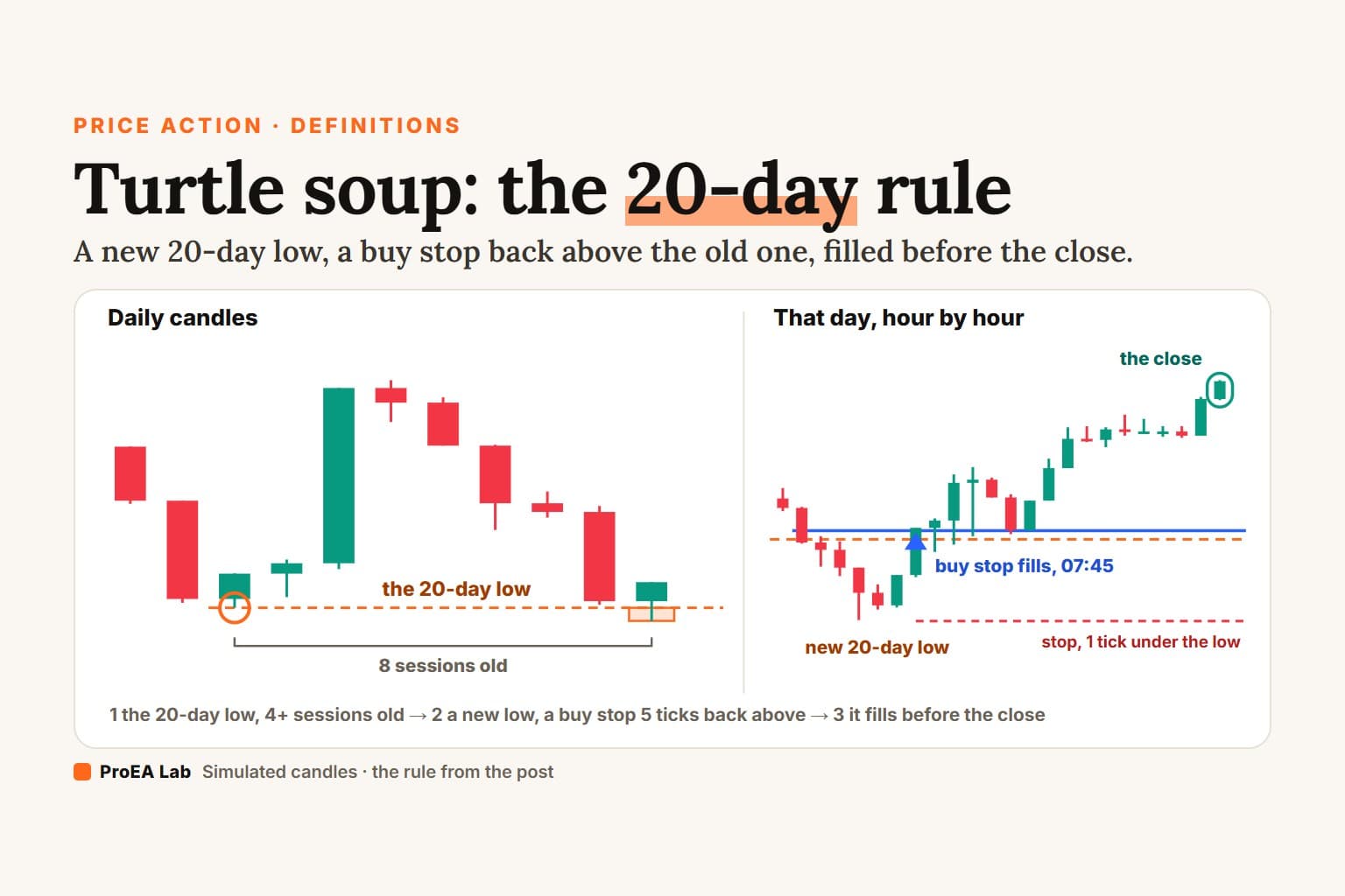 Explainer cover titled Turtle soup: the 20-day rule. Left, simulated daily candles: a dashed orange line at the 20-day low, made 8 sessions before the last candle, which trades below it. Right, that day hour by hour: price falls through the old low, a blue buy stop just above it fills at 07:45, a red stop sits 1 tick under the day's low, and the day closes higher.