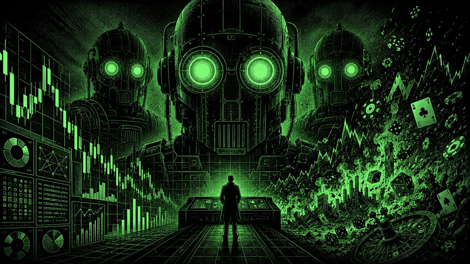 An operator at a control console between towering AI robots — ordered candlestick charts and analytics dashboards on the left (the quant), dissolving into casino chips, dice, playing cards and a roulette wheel on the right (the gambler).