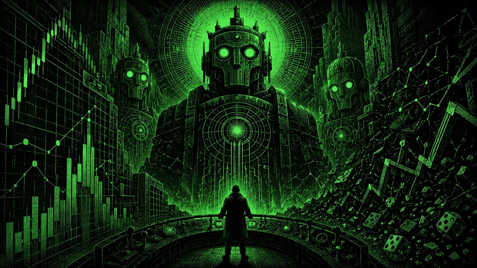 A lone operator at a control console facing a colossal halo-crowned robot with a radar-target chest, flanked by smaller machines — ordered charts and graphs on the left, dice and debris on the right.