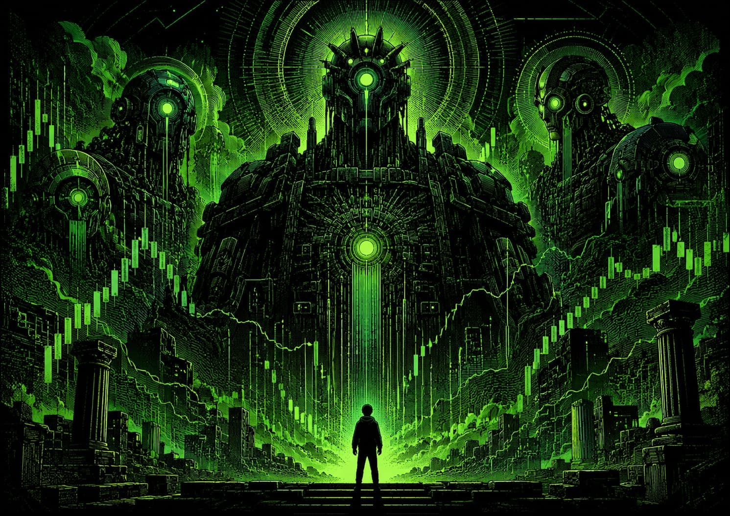 A lone human silhouette stands before a colossal green machine-oracle with glowing eyes, candlestick charts raining down as data through ruined columns — a person dwarfed by a system that trades their money and that they can't read.