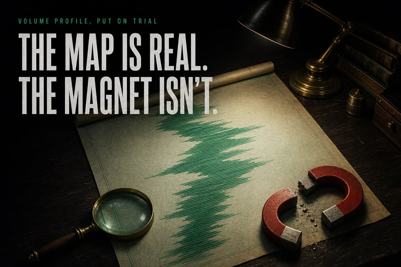 A vintage survey map whose contours form an emerald volume-profile histogram, beside a horseshoe magnet snapped in two — poster titled The Map Is Real. The Magnet Isn't.