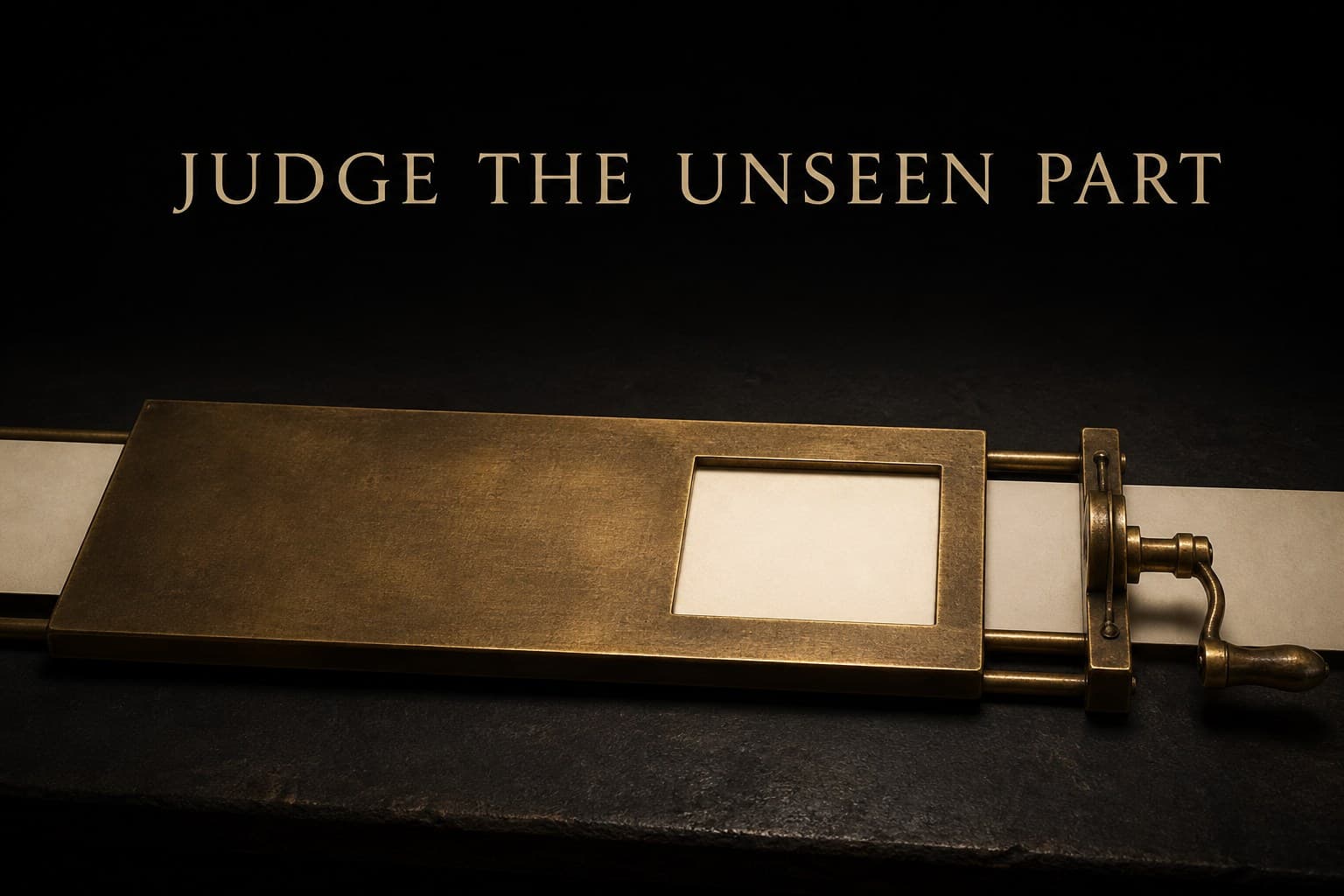 A brass stencil sliding along a long paper chart strip, exposing only one unmarked section at a time while the rest stays covered — poster titled Judge the Unseen Part.