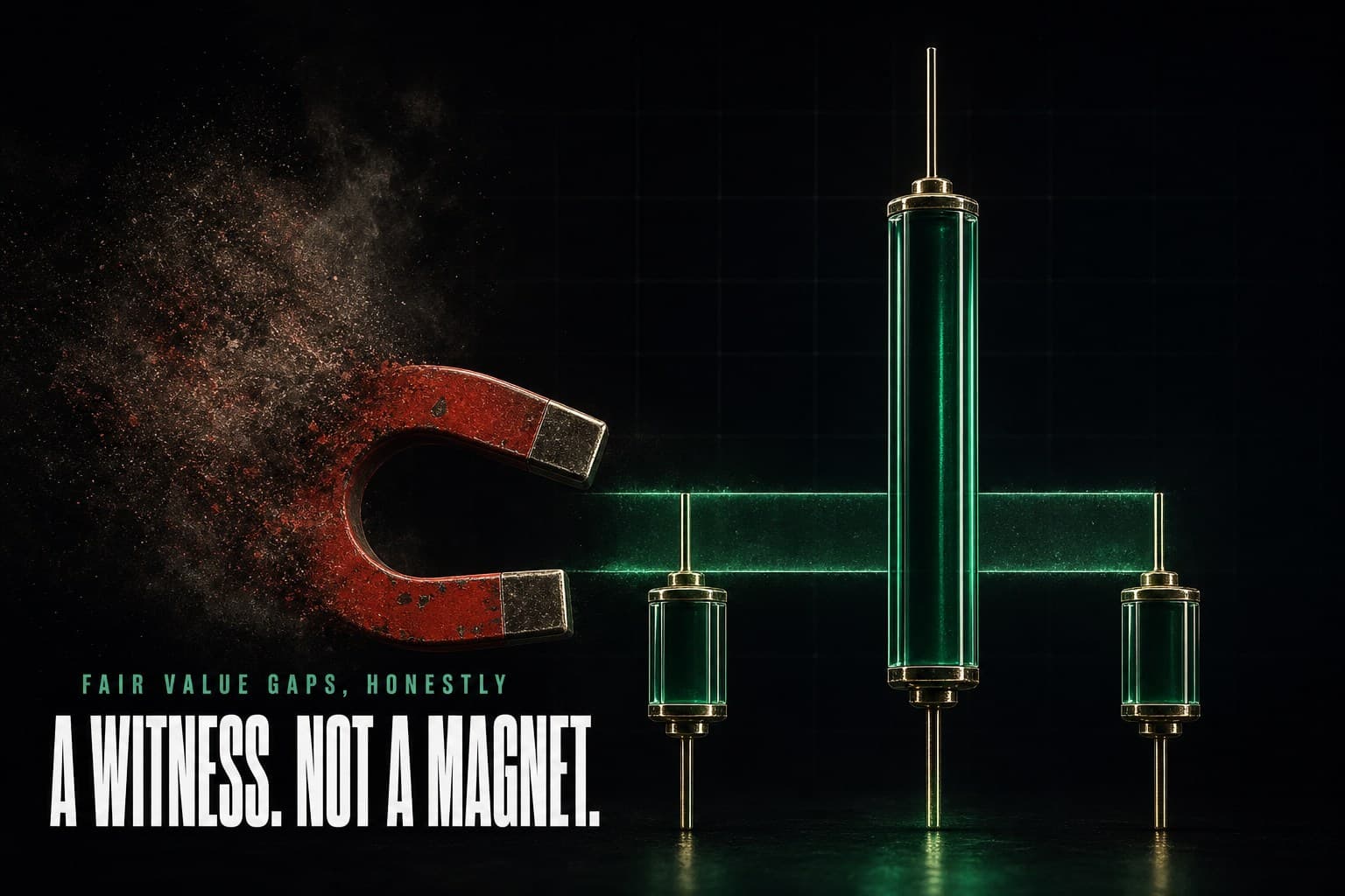 Three glass-and-brass candlesticks with the fair value gap glowing as an emerald band between their wicks, while a vintage horseshoe magnet aimed at it dissolves into dust — poster titled A Witness. Not a Magnet.