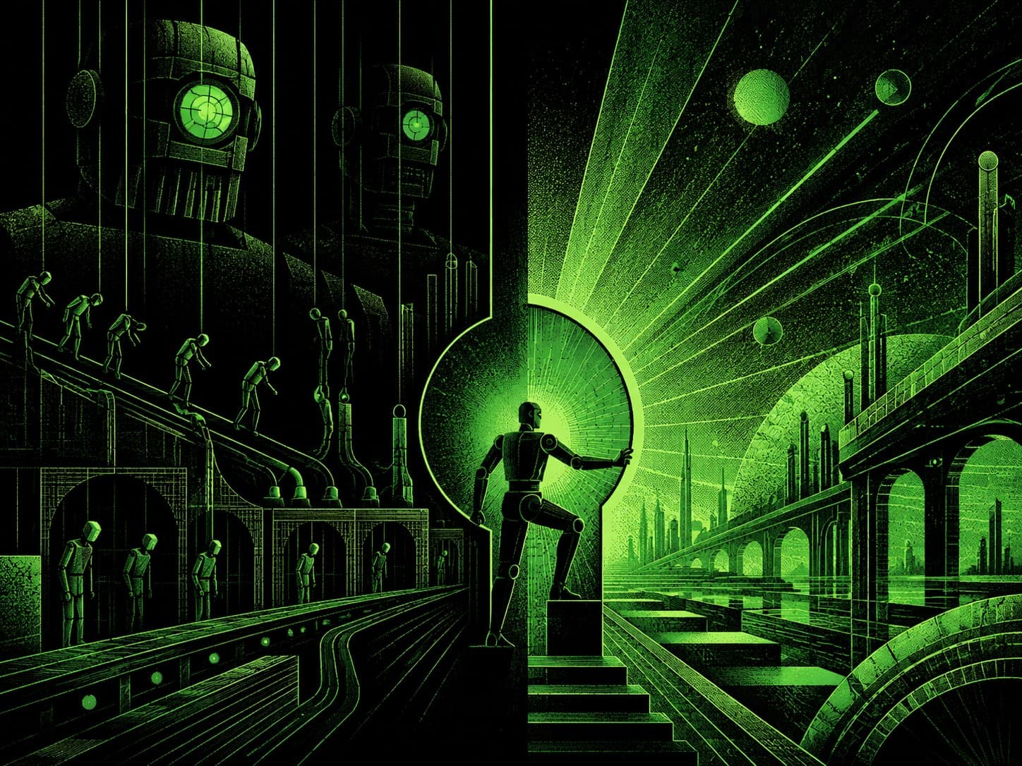 A split scene — on the left, figures trudge through a dark factory under giant watching machines; on the right, a lone figure steps through a glowing doorway into an open, sunlit city.