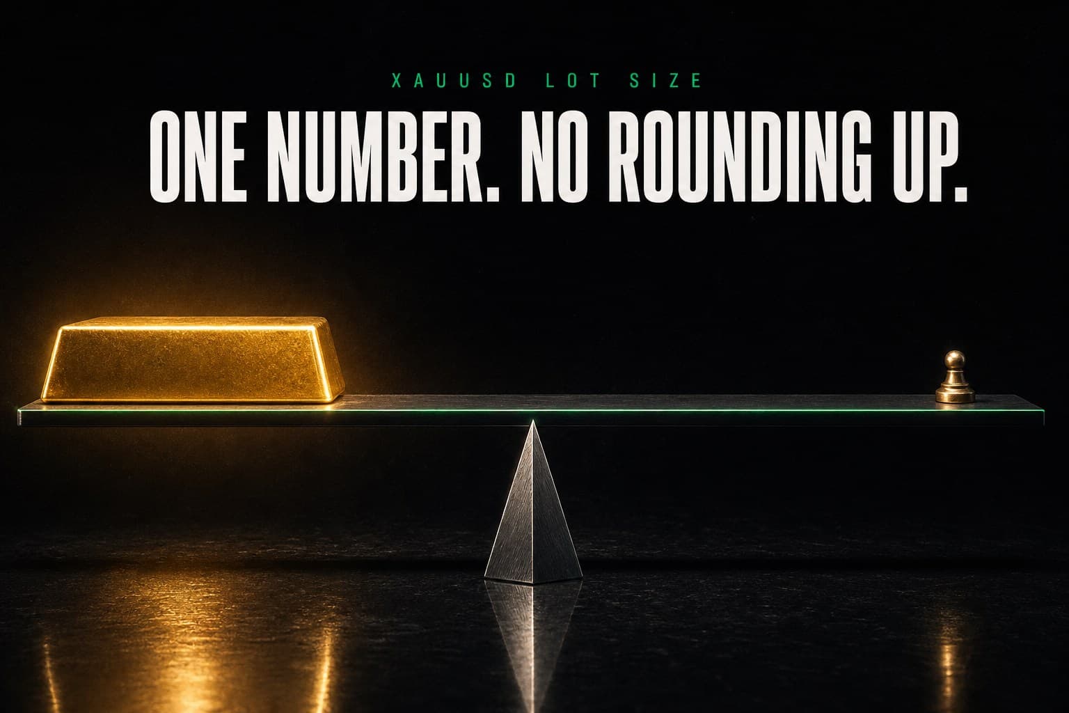 A massive blank gold bar balanced on a knife-edge seesaw against a tiny brass weight — poster titled One Number. No Rounding Up.