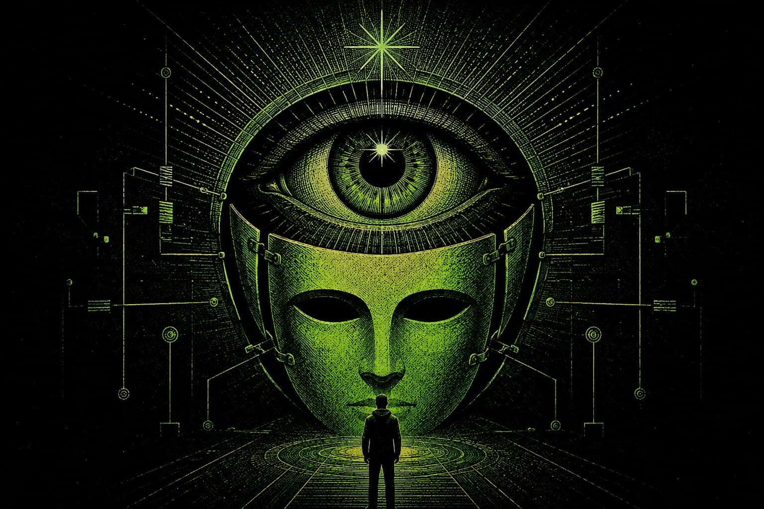 A lone trader facing a giant serene mind with a radiant third eye, framed by mechanical geometry — the calm, systematized mind.