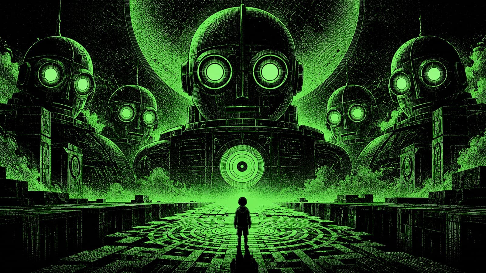 A lone trader on a tiled circular path facing a row of giant robot idols with glowing eyes and target-rings — the pantheon of 'the one' strategies.