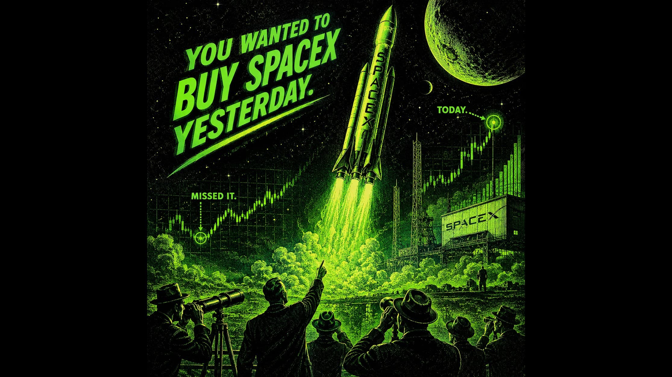 Vintage green-and-black engraving of a crowd watching a SpaceX rocket launch beside a candlestick chart, with 'missed it' marked at the bottom and 'today' at the top.