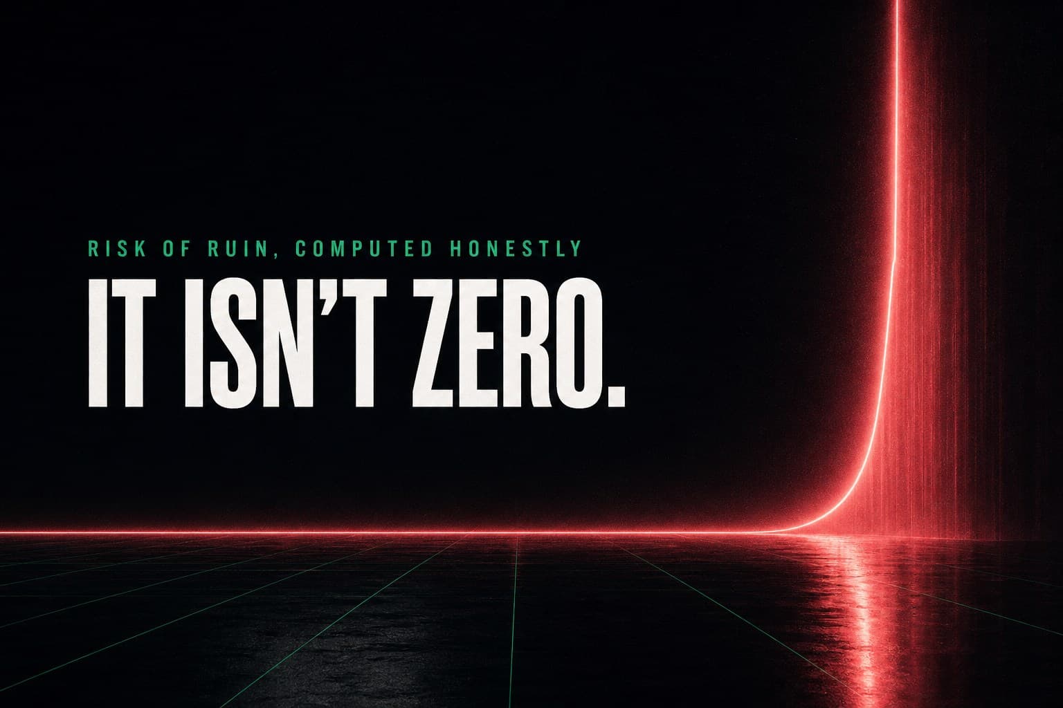 A dark room whose neon-rose floor runs flat and low before curving suddenly into a vertical wall of light — poster titled It Isn't Zero.