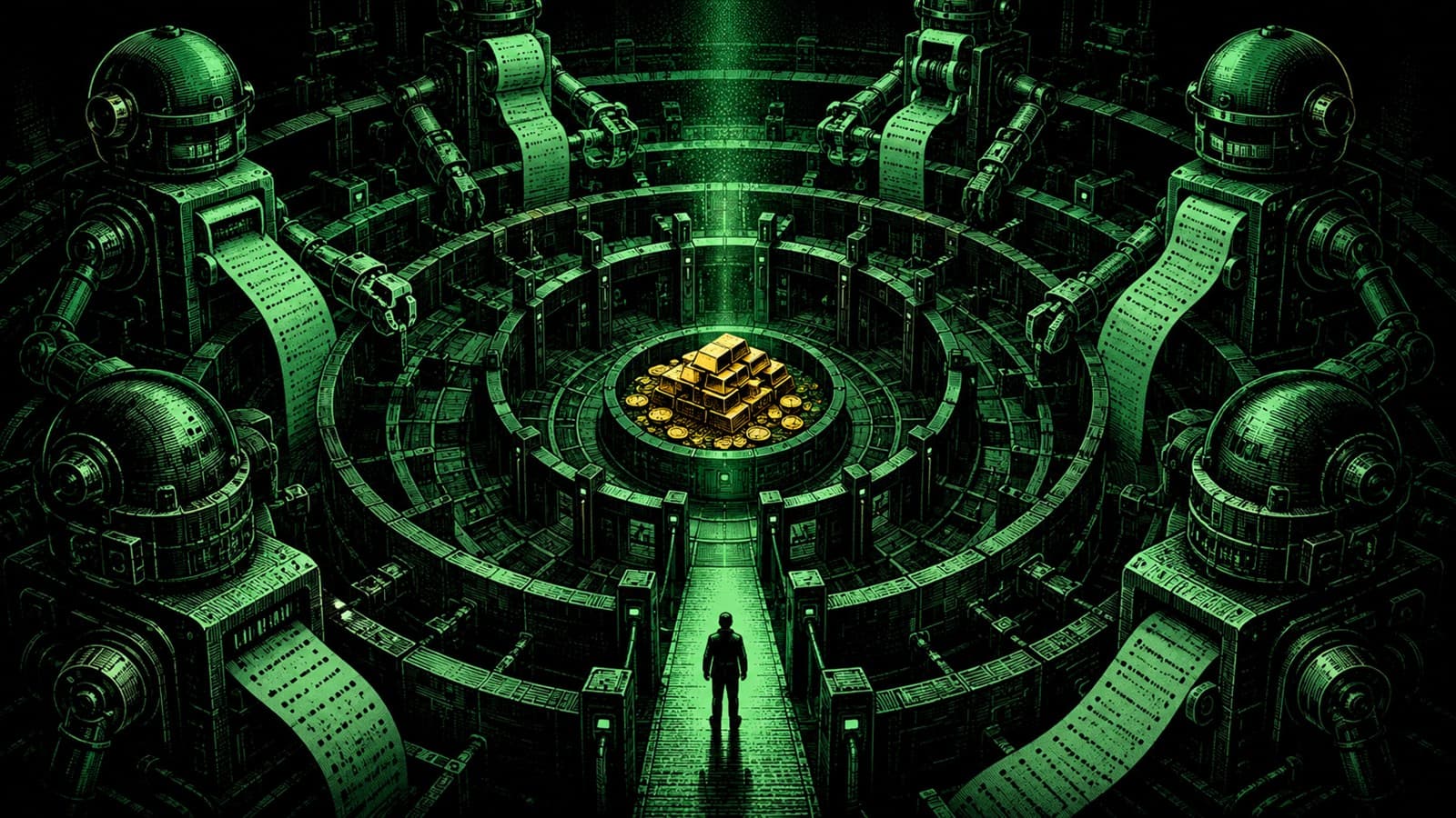 A lone trader at the entrance of a vast circular rule-maze coliseum where robots print endless ledgers around the rim, with gold sealed in the locked center.