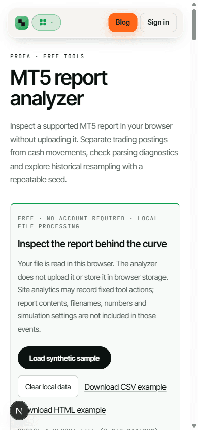 Mobile MT5 report analyzer showing the local-processing notice and sample and import controls