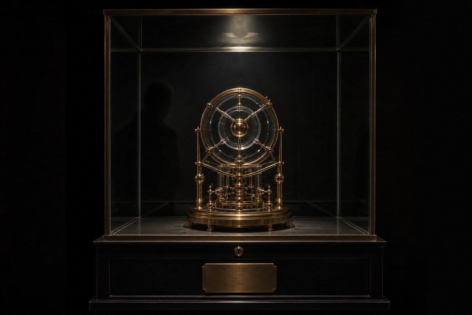 An elegant brass trading instrument displayed inside a locked museum case, lit by a single spotlight, with a faint viewer's reflection on the glass.