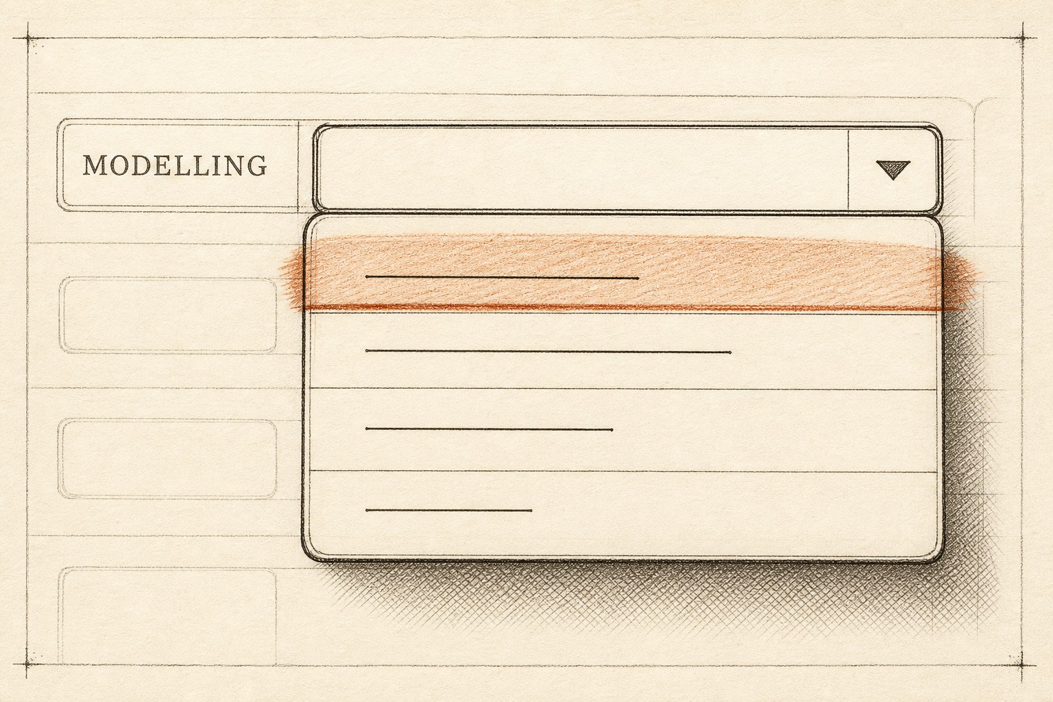 Hand-drawn sketch of the Modelling row in the Strategy Tester with its dropdown menu open and the top option highlighted in orange.