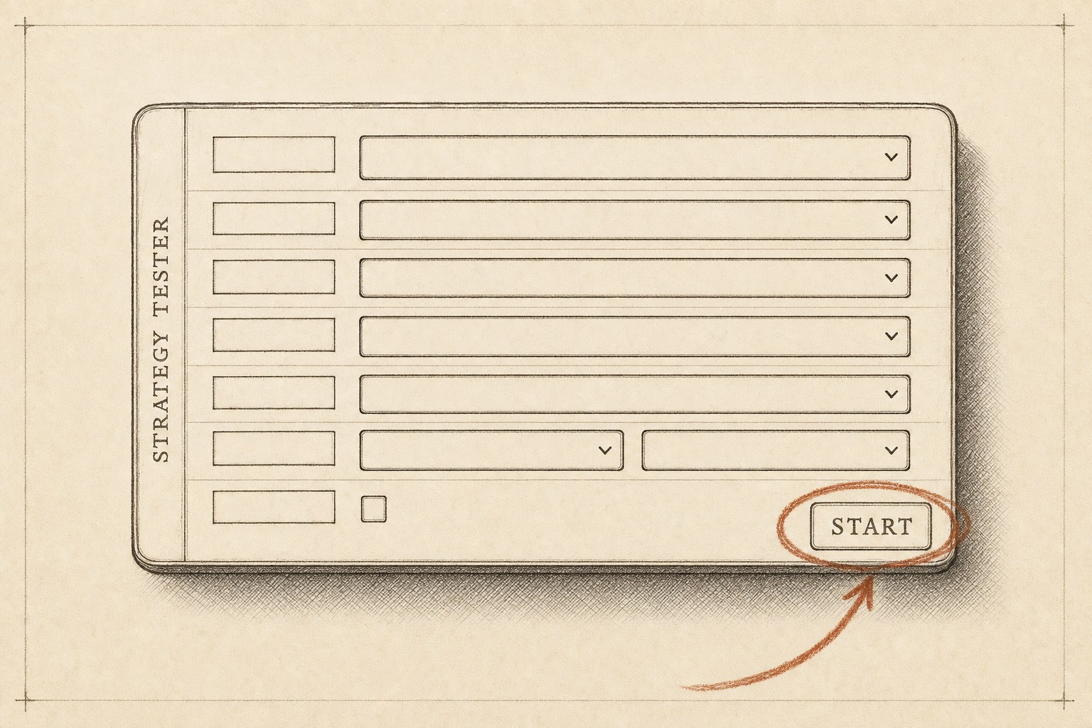 Hand-drawn sketch of the Strategy Tester panel: a vertical side label, stacked rows of blank dropdown fields and date boxes, and the Start button circled in orange at the bottom right.