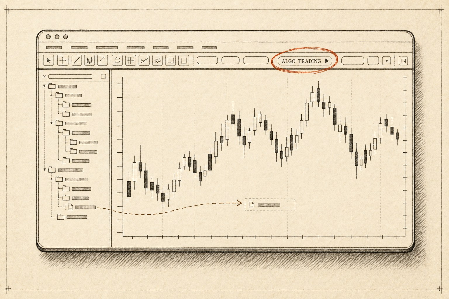 Hand-drawn sketch of the MT5 terminal with a candlestick chart, a Navigator tree with a drag path onto the chart, and the Algo Trading toolbar button circled in orange.