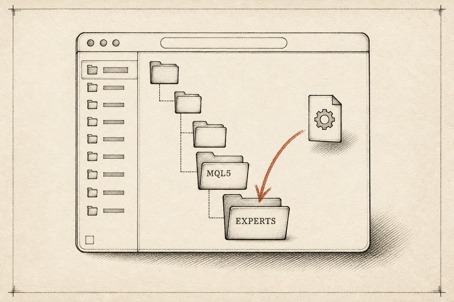 Hand-drawn sketch of a file-explorer window with a folder tree descending to MQL5 and an open EXPERTS folder; an orange arrow drops an EA file card into it.