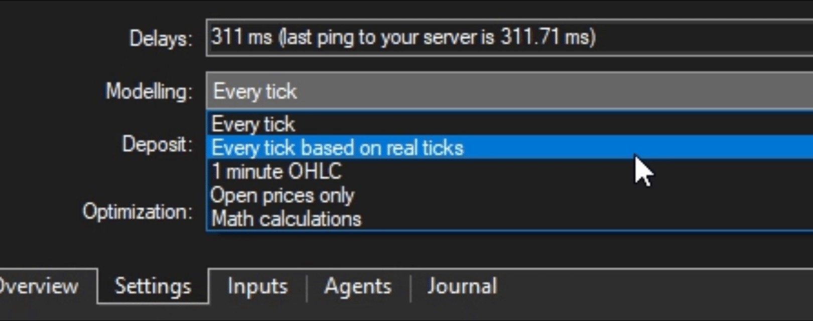 MetaTrader 5 Strategy Tester with the Modelling dropdown open, showing 'Every tick based on real ticks', '1 minute OHLC', and the other tick-modelling modes.