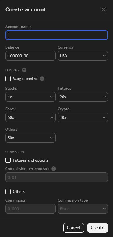 TradingView Create account form with an empty account name, Balance 100000.00, Currency USD, asset-class leverage controls and unchecked commission boxes.