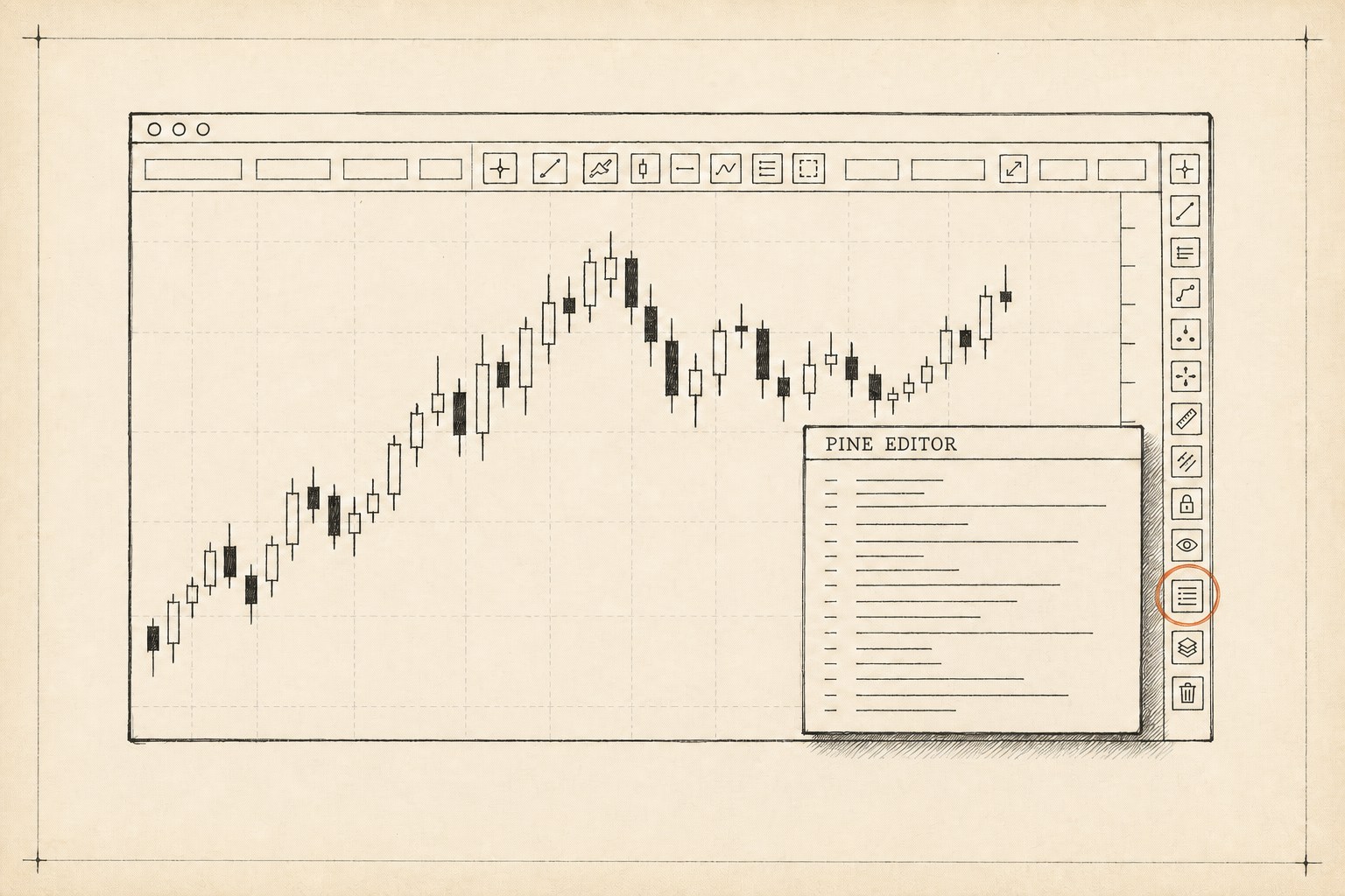 Hand-drawn sketch of the TradingView layout: candlestick chart in the center, a narrow tool rail down the right edge with the Pine icon circled in orange, and the editor panel sliding out beside it.