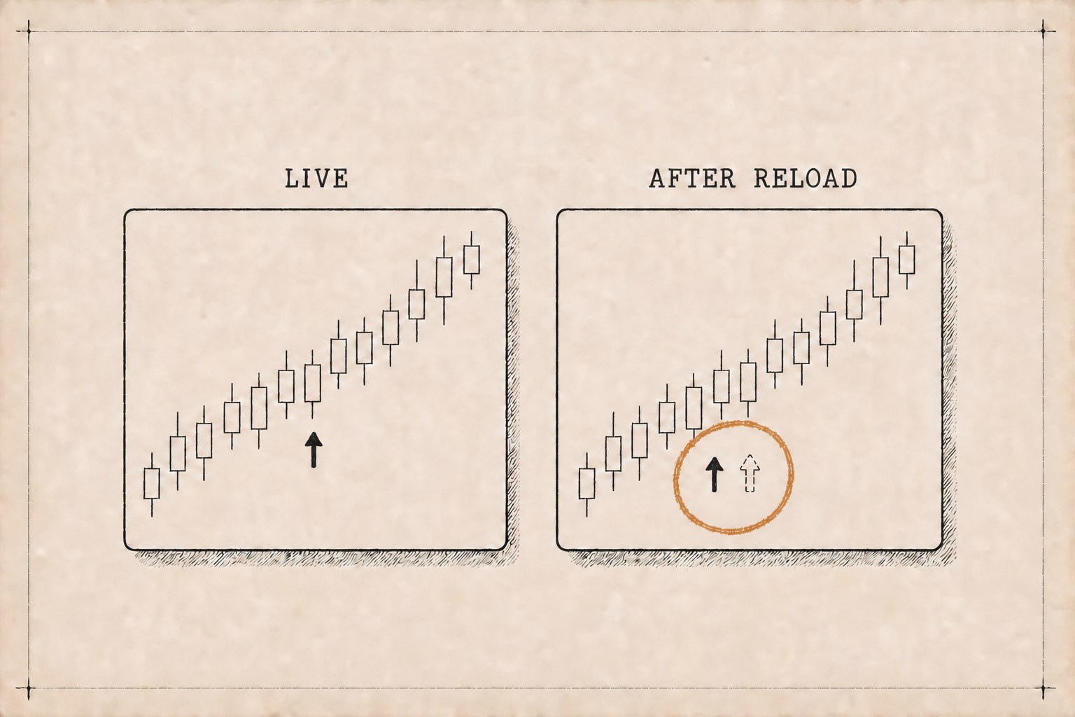 Hand-drawn sketch of two versions of the same candlestick chart side by side: the live version with a solid arrow marker under one candle; after reload, the solid arrow sits one candle to the left while the original position holds only a ghost outline — the displacement circled in orange.