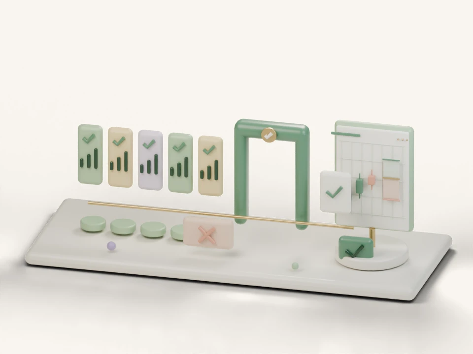 Pastel clay illustration of five setup checks and a chase filter: agreement earns a grade, stretched triggers are held back and qualified setups receive a plan.
