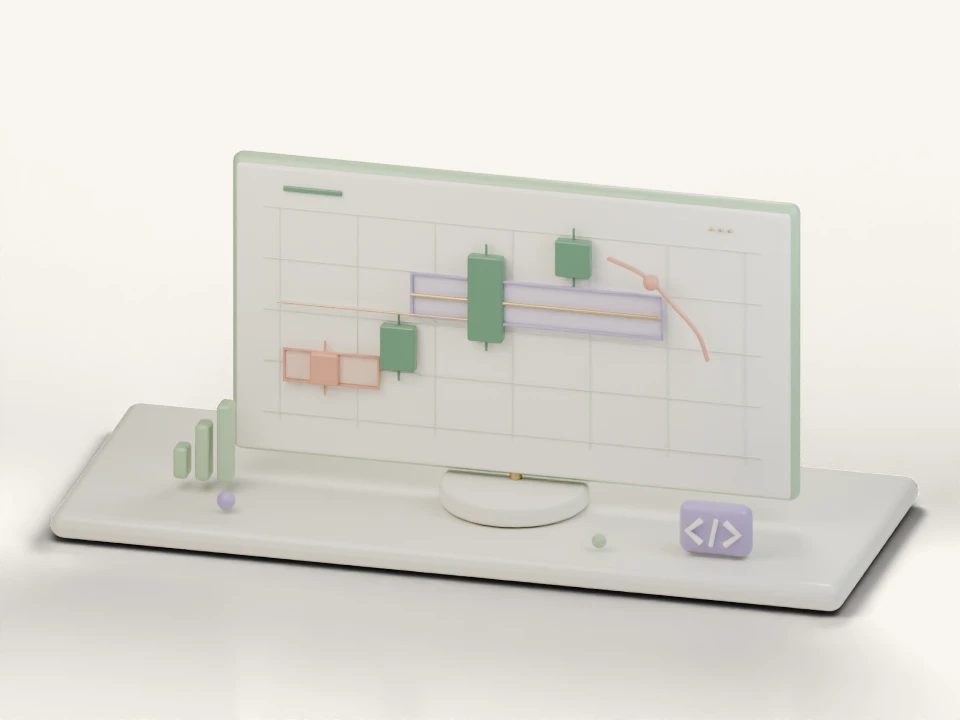 Pastel clay illustration of a confirmed structure break and three-candle gap forming fixed zones, marking the gap's midpoint, then tracking a zone's life.