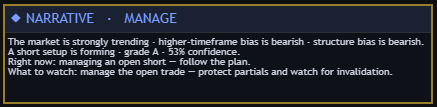 AIO v2 narrative panel — the trade read back in plain English
