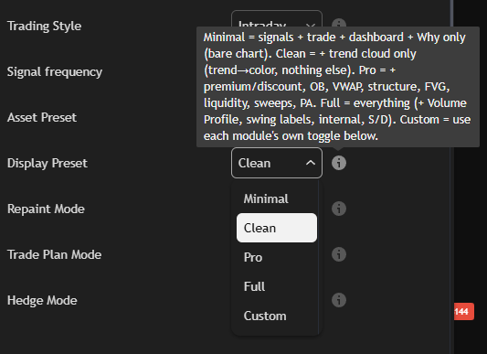 AIO v2 Display Preset setting and tooltip — Minimal / Clean / Pro / Full