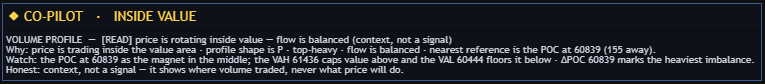 AVP Co-Pilot reading the profile in plain English — price rotating inside value, flow balanced (context, not a signal)