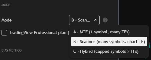 MTF mode dropdown switching to Scanner mode