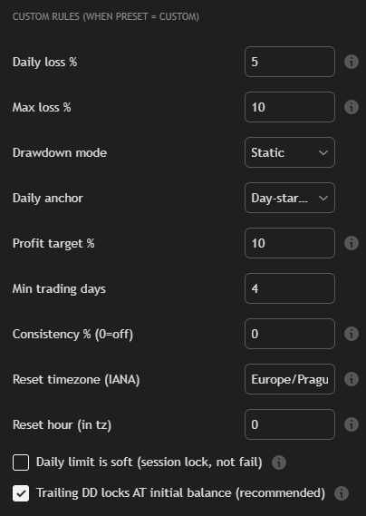 Prop Firm Toolkit custom-rules panel — daily loss, max loss, drawdown model, anchor, target, min days, consistency, reset