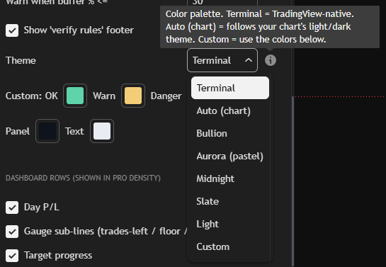 Prop Firm Toolkit theme menu — eight themes