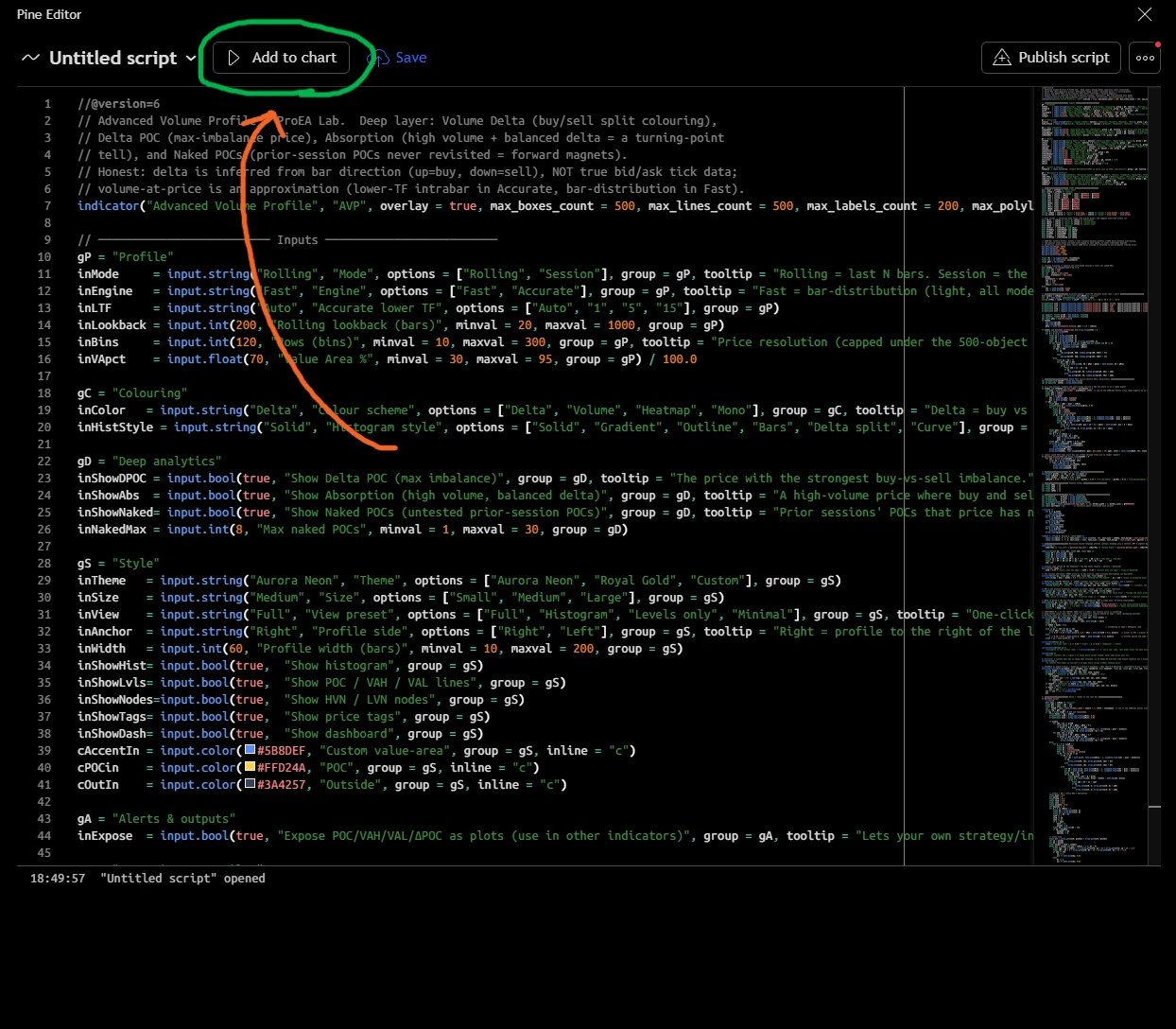 Pine Editor — paste the code and click Add to chart
