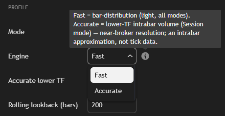 AVP engine setting with the honest tooltip — Accurate is an intraday approximation, not tick data