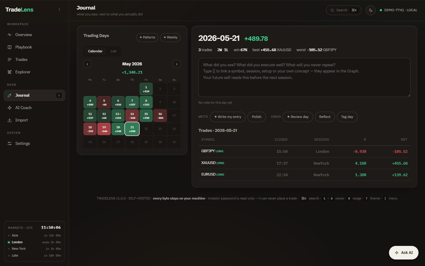 TradeLens Journal screen